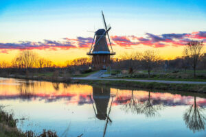Sunset at the windmill in Holland, Michigan. This authentic windmill was brought to West Michigan from the Netherlands in 1965.